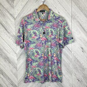 Bad Birdie Golf Polo Shirt Mens Size Large Flamingo Tropical Print
